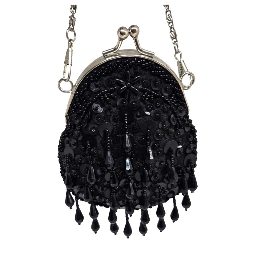 JESSICA McCLINTOCK Mini Beaded Bag COIN PURSE Evening DANGLE BEAD Kisslock CHAIN